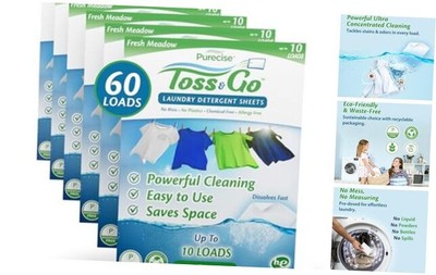 Travel Laundry Detergent Sheets, Lightweight & No Mess, Fresh Meadow Scent, 60 