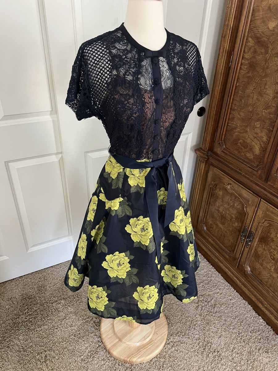 Beguile by Byron Lars Dress Retro Black Lace Top Yellow Sunrose Fit Flare  Midi