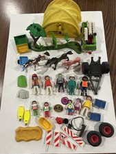 Vntg Playmobil Geobra Figures Lot People Children Horses Tent Camping Unicorn
