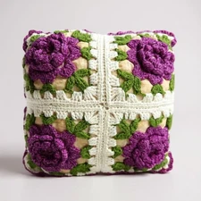 Gorgeous vintage Granny Square Throw Pillow 3D Flower Crochet Purple White 14”