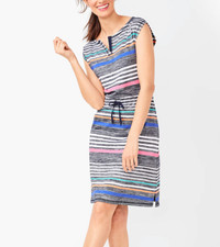 T by Talbots Multicolor Striped Shift Dress Sz Large Drawstring Nautical Coastal