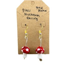 Red & White Glass Mushroom Dangle Earrings Gold Plated Handcrafted