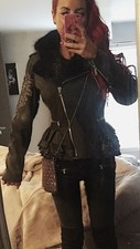 CUADRA Women's Black Leather & Piel Biker Jacket Fur Collar Swarovski Crystals M