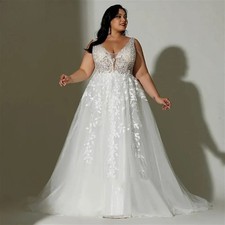 Elegant Lace V Neck Wedding Dresses Plus Size Sleeveless Bridal Gowns A-Line