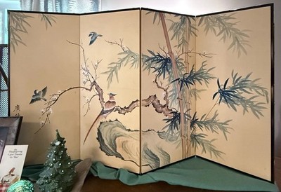 Vintage Asian Room Divider 4 Panel Screen Hand-Painted 35x60  Pheasant Byobu