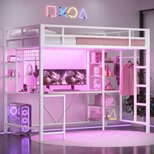 Loft Bed with Desk &Charging Station LED Metal Twin Size Bed with Storage Shelve