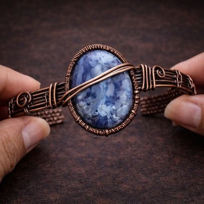 Sodalite Copper Cuff Bracelet Handmade Wire Wrapped Blue Gemstone