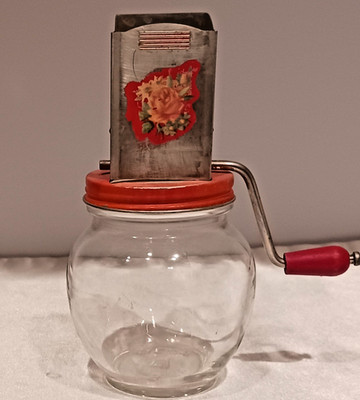 Vintage 1940s Hazel Atlas Tin Crank Nut Spice Chopper Grinder Glass Jar