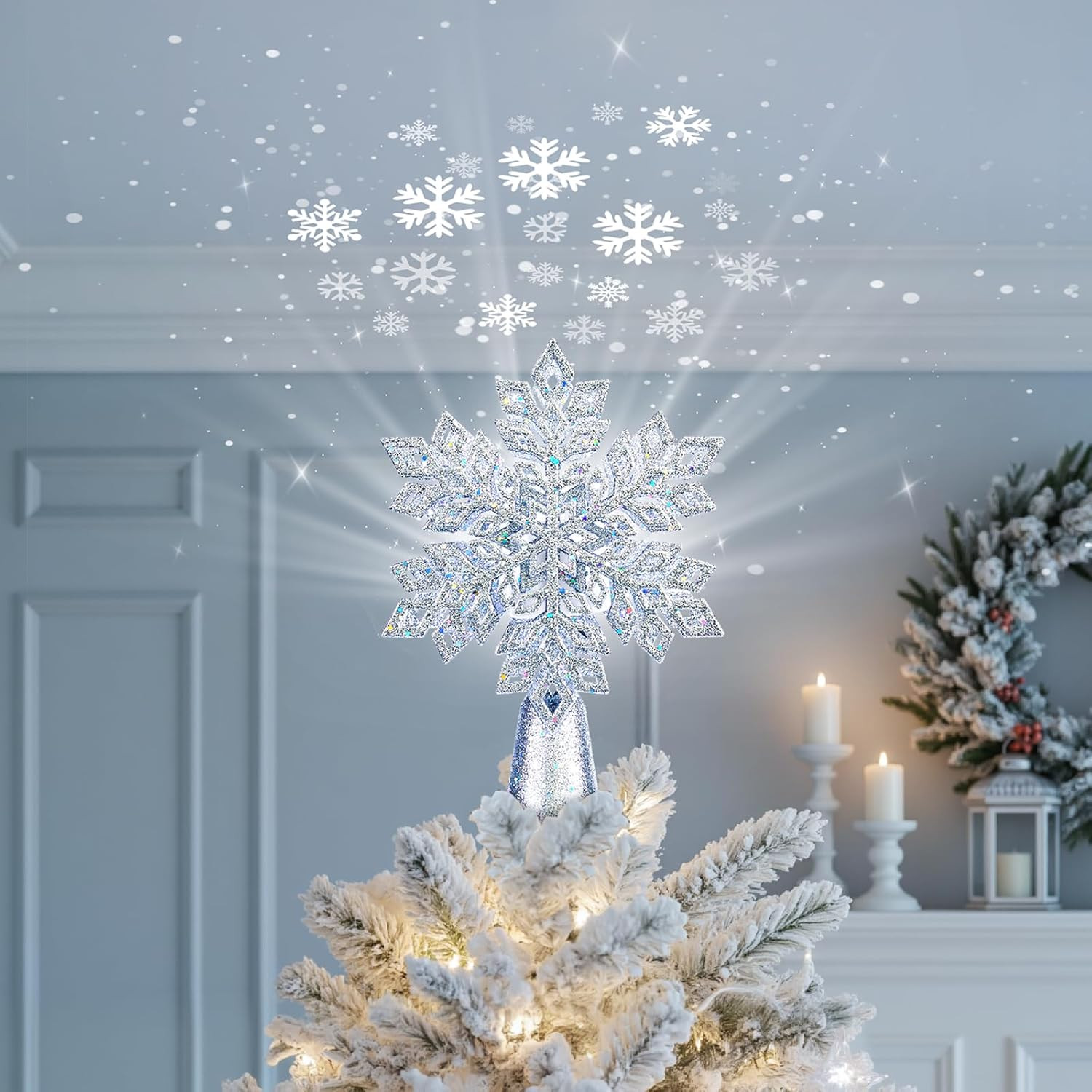 Christmas Tree Topper with Built-In 3D Glitter Led Snowflake Projector Lights, S