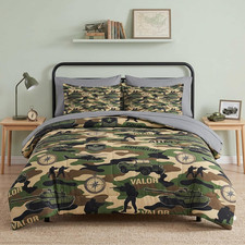 7 Pcs Queen Size Comforter Set with 2 Pillowcases  2 Shams, Army Camo Green Bed