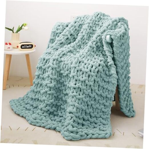 Aqua Blue & Cream Soft Washable Chenille Knit Throw Blanket 40x50 Cozy  