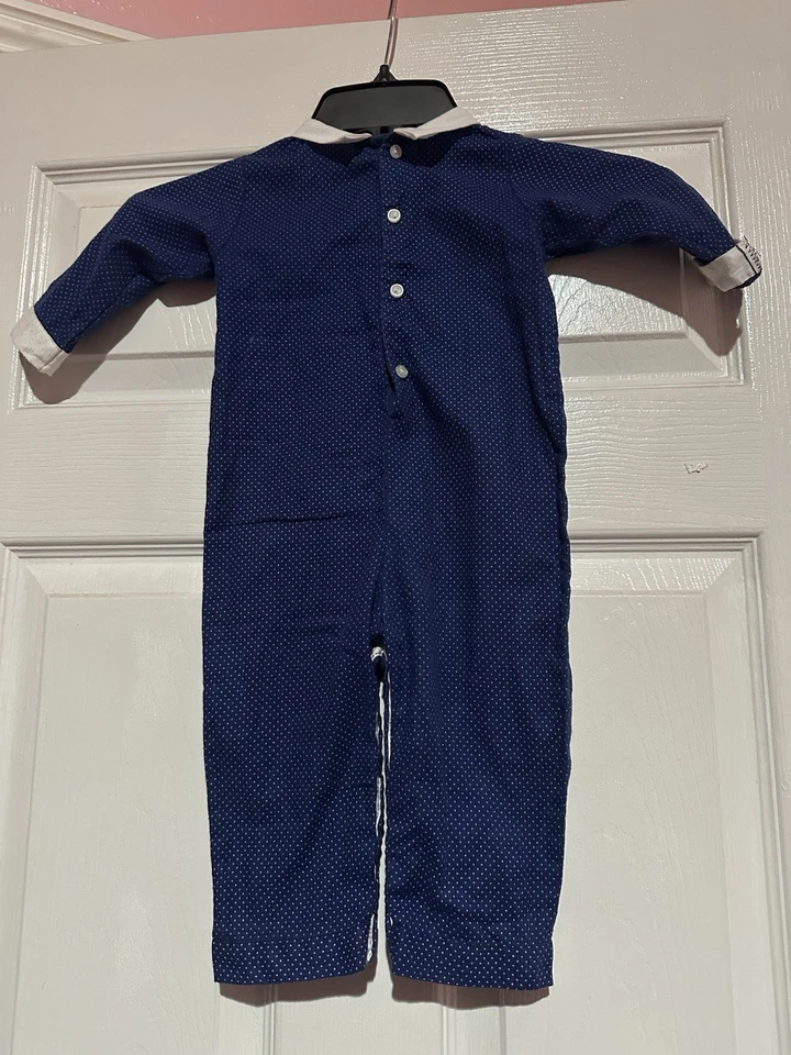 Vintage Dark Blue Dotted Baby Dior Button Up One Piece Size 12 Months - Image 3 of 4