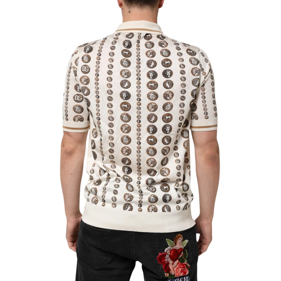 DOLCE & GABBANA T-shirt Silk Ivory Coin Print Logo Men Polo IT46/US36/S 1500usd - Image 3 of 4