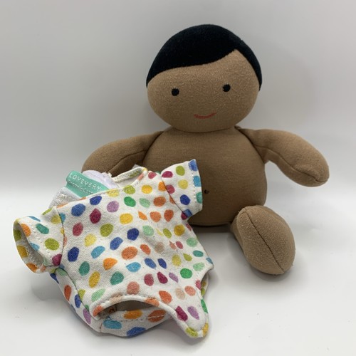 Lovevery 8" Organic Cotton Baby Doll Lovey Plush Tan Skin Black Hair Bodysuit