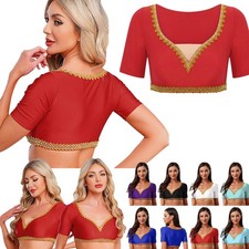 Women's Belly Dance Costume Crop Top Gold Trim Short Sleeve Slim Fit Dancewear