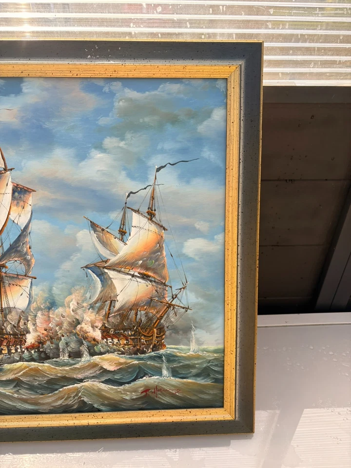 Tableau Peinture Huile Toile Marine Galion Bateau Bataille Navale Signé Encadré - Photo 2/4