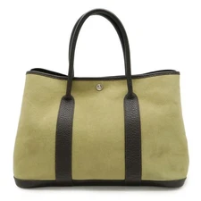 Hermes Garden Party Tote Bag Canvas Leather Women Green One Size