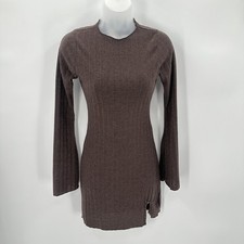 Windsor Dress Juniors XS Brown Rib Knit Casual Chills Long Bell Sleeve Mini Slit