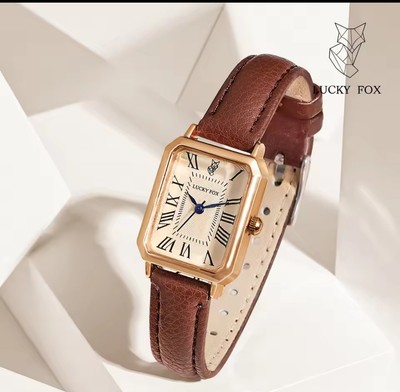 Women's Vintage Style Watch Lucky Fox   Classic Retro, Brown Leather, Square...