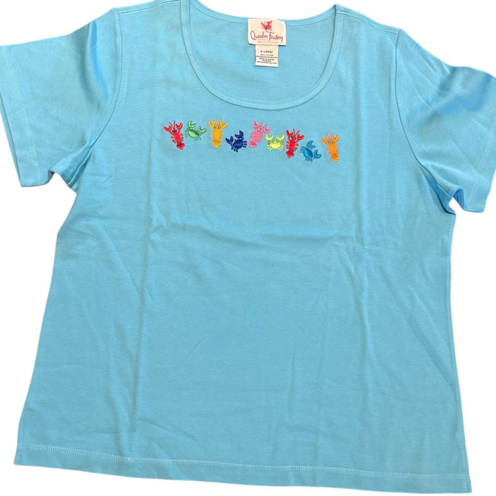 Quacker Factory Light Blue Womens XL T-Shirt with Colorful Lobster Embroidery