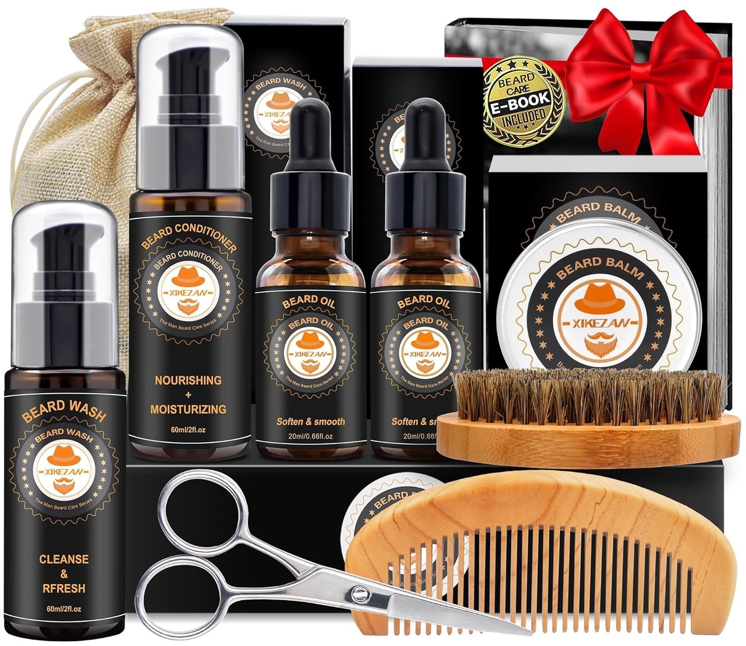 Men's Beard Grooming Kit with Conditioner, Wash, Oil, Balm & Brush
