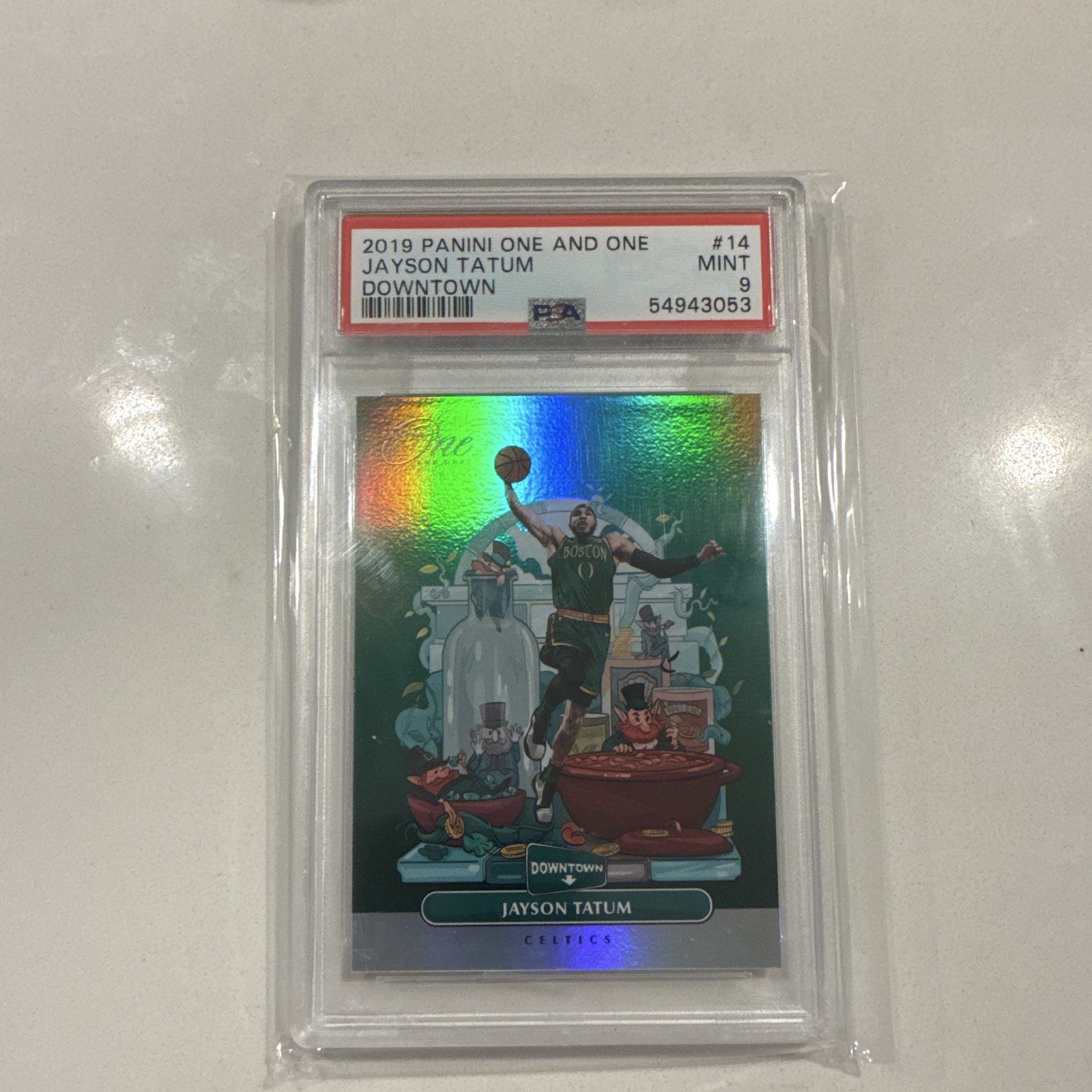2019-20 Panini One and One Downtown Jayson Tatum #14 Celtics PSA 9 view 1