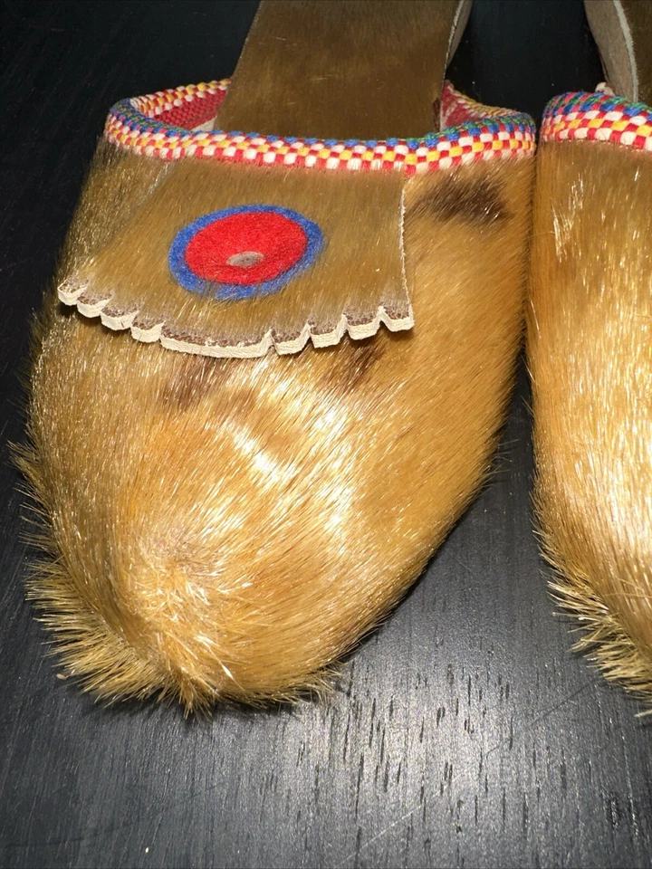 Vintage Elk Brand Hair On Elk Hide Moccasins Open Back Embroidered Edging RARE - Image 2 of 4