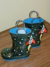 Wondernation Toddler Boys Rain Boots Outer Space Rocket Ship Blue Sz 5 6 New  
