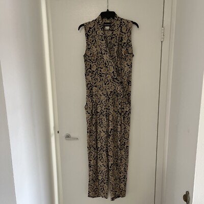 Vtg 90s John Roberts jumpsuit tan bkack paisley size 10 100% Rayon