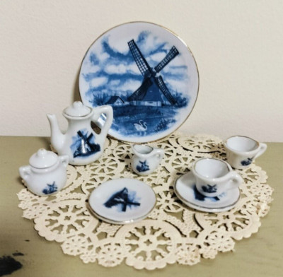 Vintage Delft Style Miniature Tea Set Blue White Porcelain Dutch Windmill, Set 8