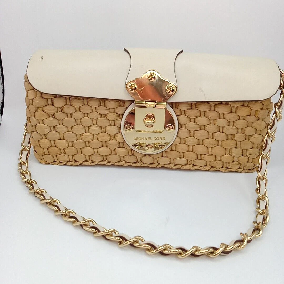 Michael Kors Natural Straw Clutch Ivory Leather Purse Chain Basket