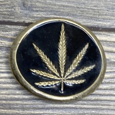 Vintage Metal Belt Buckle Gold Tone Black Enamel Oval Marijuana Design 2.5