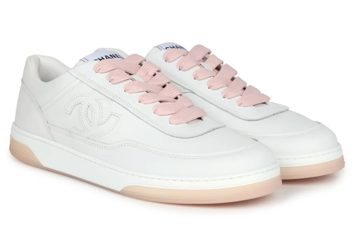 Chanel 24P White Pink Leather CC Logo Flat Lace Up Runner Trainer