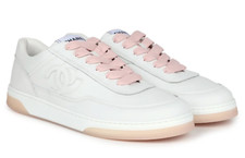 Chanel 24P White Pink Leather CC Logo Flat Lace Up Runner Trainer Sneaker 40