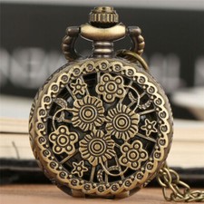 Vintage Bronze Hollow Out Flower Bloom Unisex Quartz Analog Pocket Watch Chain