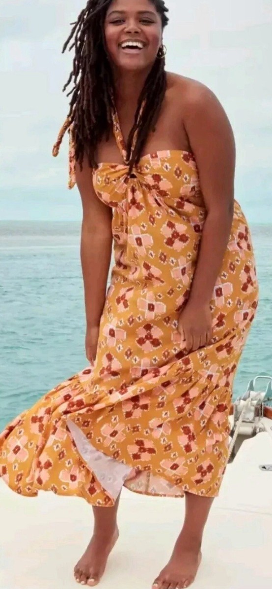 AERIE Linen Blend Braided Halter Maxi Sundress Sz XS NWT