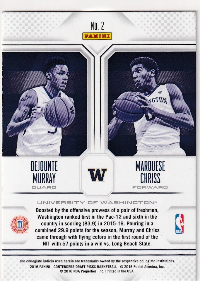 2016-17 CONTENDERS DRAFT RC DEJOUNTE MURRAY ROOKIE HAWKS SPURS (AA)-1067 - Image 2 of 2
