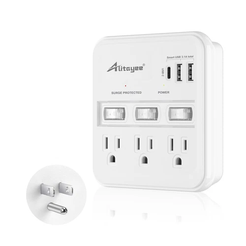 Wall Outlet Extender Surge Protector USB Power Strip with Type-C Switches