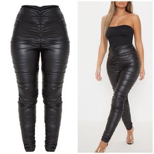 Pretty Little Thing Black Coated Faux Leather Ruched Leggings Size 12 Large