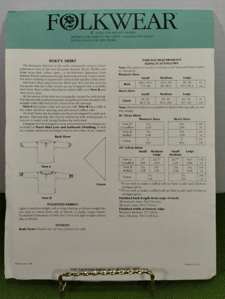 folkwear sewing patterns #217 Poet's Shirt Costume Renaissance Sew Men Women - Image 2 of 3