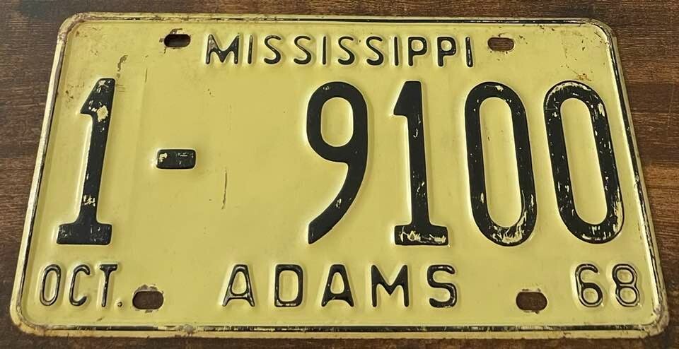 Vintage 1968 Mississippi License Plate 1 - 9100 Adams County