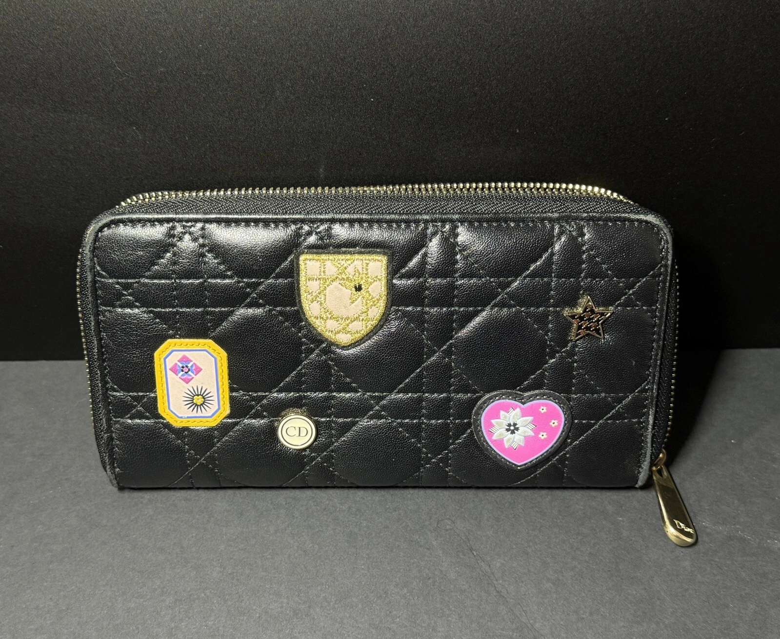 CHRISTIAN DIOR Black Quilted Lambskin Leather Patches Wallet