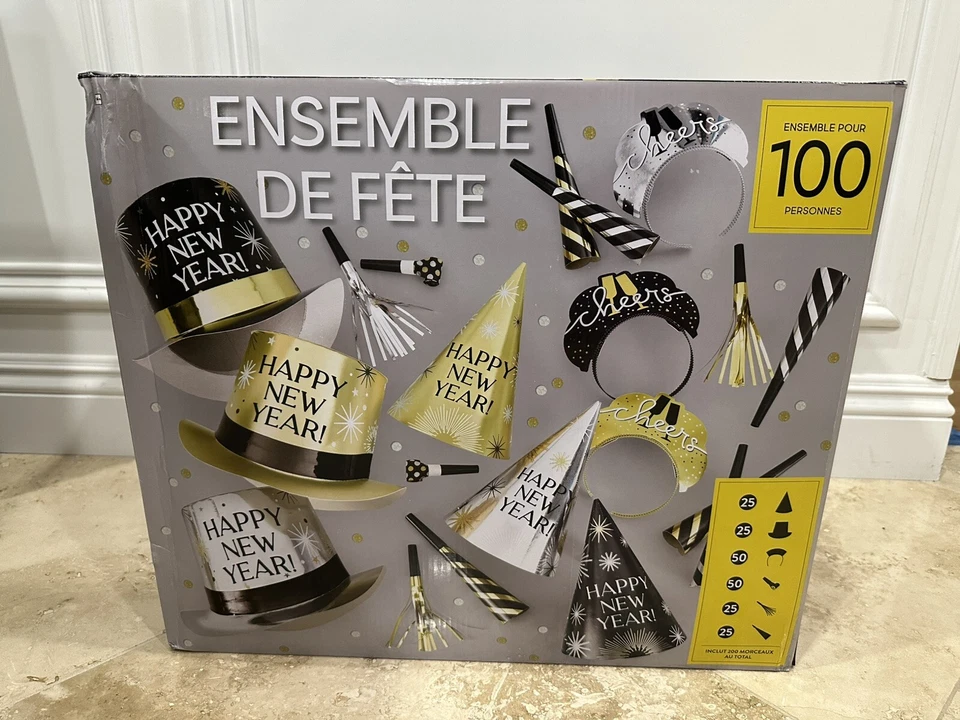 Kit Fiesta Nochevieja 2025 - Kit 200 Piezas 100 Invitados - Wearables Negro Dorado Foto 3 de 3