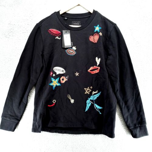 Guess Sweatshirt Women S Pull-Over Emboidery Sequin Rhinestone Black $98 NWT