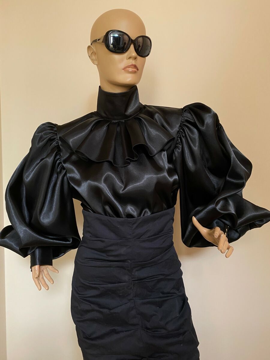 Black Formal satin blouse with high neck and puffy balloon sleeve Plus size