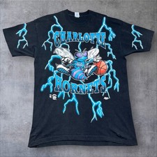 Vintage 90S Salem Charlotte Hornets Basketball Lightning Tee XL RARE MENS BLACK