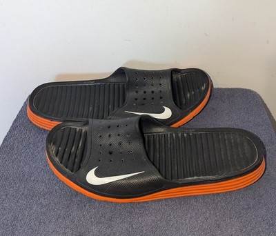 Nike Benassi Solarsoft Slides Men's Size 11 Sandals Black Orange Rare Comfort 