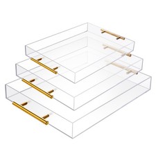 3 Pack Clear Acrylic Serving Tray with Gold Handles Serving Tray Spill Proof ...