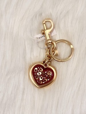 NWT Coach Signature C Heart Bag Charm Keychain Key Fob Gold/Red