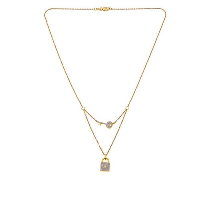 Damen Schloss & Schlüssel massiv 14K Gelbgold & natürlicher Diamant geschichtet Halskette, neu